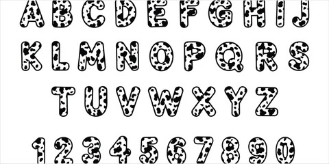 Alphabet Letters A to Z and Numbers 0 to 9 with Cow Print Pattern dalmatian print © Mst