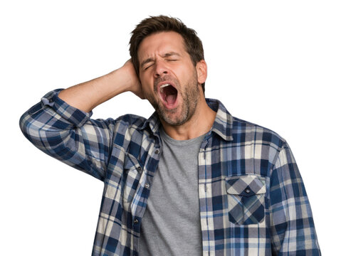 PNG Tired man yawning plaid shirt