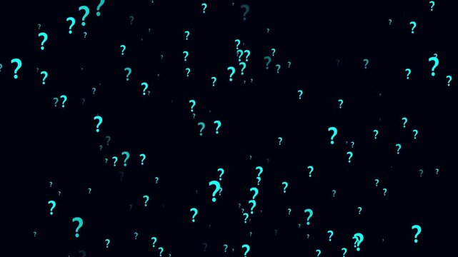 Glowing blue question marks floating across a dark background