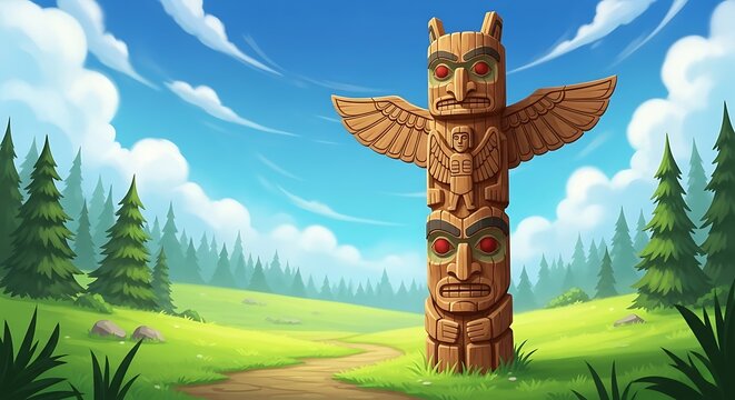 Wooden Totem Pole in Lush Forest Meadow
