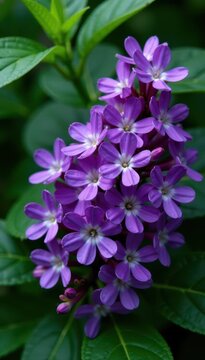 Dense cluster of deep purple flowers against a lush green foliage background, purple, nature, penstemon