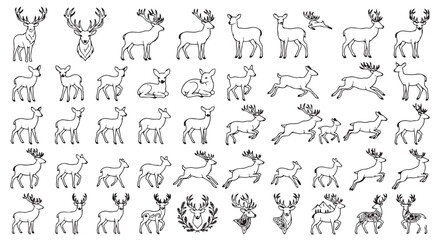 Fototapeta premium Collection of various hand-drawn reindeer icons for christmas themes with reindeer, christmas
