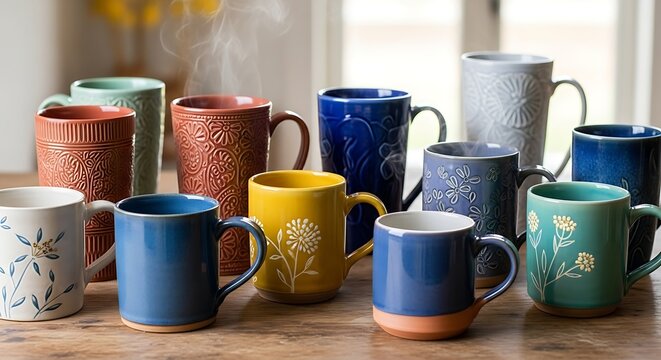 A collection of colorful ceramic coffee mugs with various designs