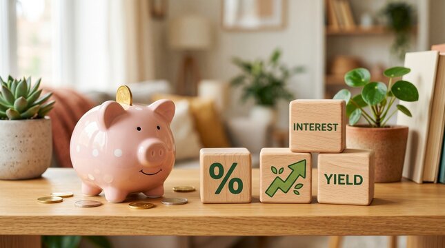 Savings and Investment Growth Concept with Piggy Bank and Wooden Blocks Showing Interest, Yield, and Percentage Symbols