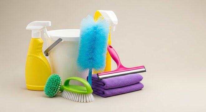 A collection of colorful cleaning supplies on a beige background