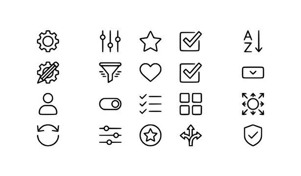 Preference icon vector set with 20 editable stroke black and white linear symbols