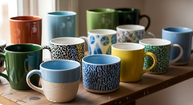 A collection of colorful ceramic mugs with various patterns on a wooden table
