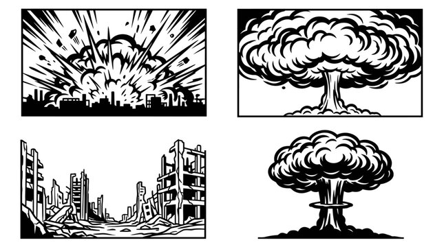 Explosion and destruction scenes, black and white comic style