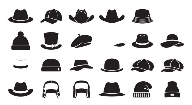 Selection of various hat silhouettes and headwear icons with silhouettes headwear accessories