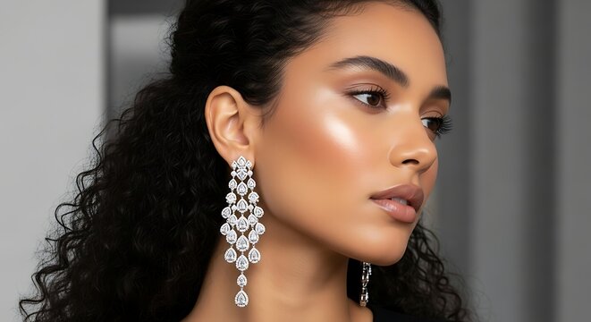 A close-up portrait of a young woman with curly dark hair wearing elegant earrings