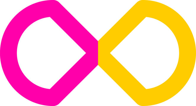 Geometric pink and yellow infinity loop symbol isolated on a clean white background flat graphic illustration