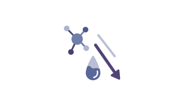 Chemical molecule and water drop with downward arrow, scientific research concept icon