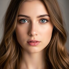 Fototapeta premium A close-up portrait of a young woman with long brown hair and blue eyes looking directly at the camera with a neutral expression
