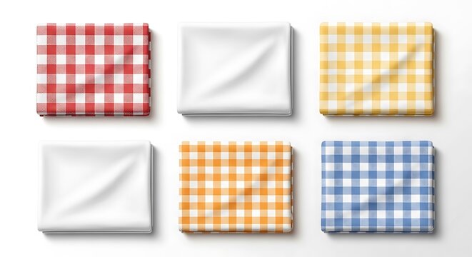 Folded Gingham and White Cotton Napkins Set on White Background