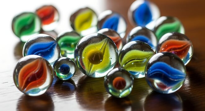 A collection of colorful glass marbles with swirling patterns on a wooden surface