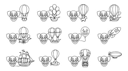 Clown Faces and Transportation Icons: Hot Air Balloons, Rocket, Ship, Airship, and Balloons © Fajar