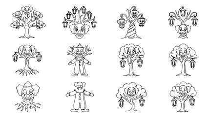 Obraz premium Spooky Halloween Clowns and Creepy Trees, Line Art Collection