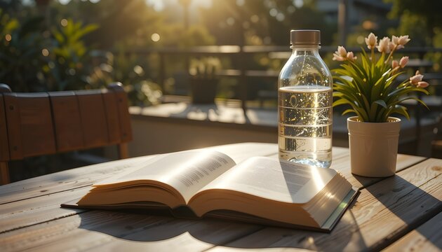 open book and bottle of water in sunny day