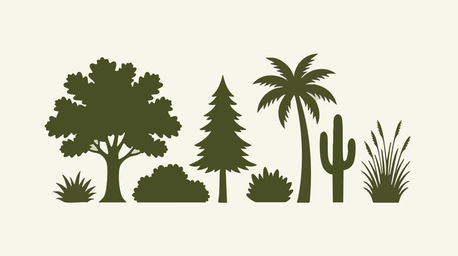 Vector silhouettes of various plant types and trees