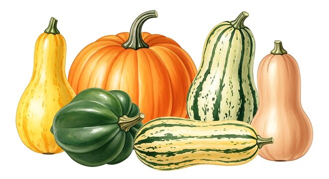 A colorful arrangement of six gourds and pumpkins on a white background