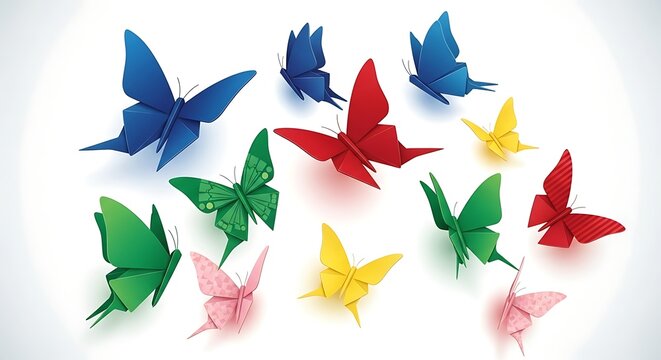 A collection of colorful origami butterflies on white background