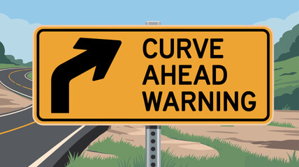 A yellow road sign with a black arrow pointing right and the text 'CURVE AHEAD WARNING' stands beside a winding asphalt road with green trees and a blue sky in the background. © umah