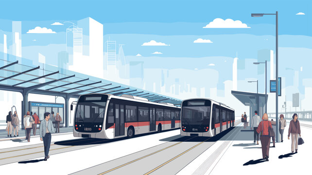Modern bus rapid transit station with two articulated buses and people waiting, set against a city skyline.