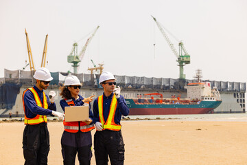Fototapeta premium Engineers Reviewing Plans at Busy Shipping Port