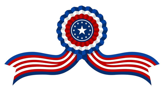 Patriotic rosette badge, American flag ribbon, red white blue award symbol, star spangled emblem isolated on White Background