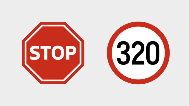 Two distinct road signs, a red octagonal STOP sign and a circular white sign with a red border displaying the number 320, on a plain background.