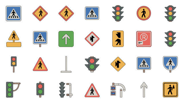 A comprehensive collection of traffic signs and signals, including pedestrian crossing warnings, stoplights, and directional arrows, essential for road safety and urban navigation.