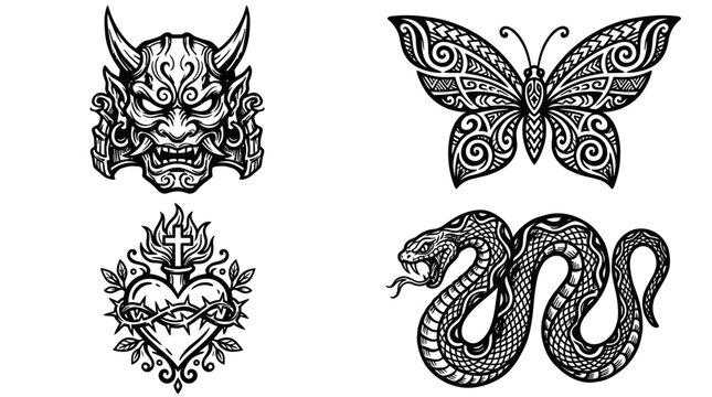 Tattoo Designs: Demon Mask, Butterfly, Sacred Heart, Snake