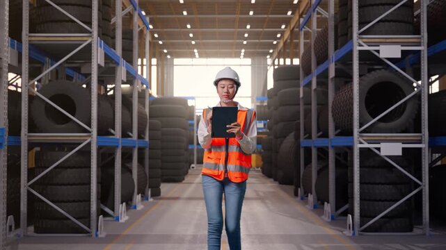 Front View of Asian Female Engineer Taking Note on Tablet While Walking at Tire Warehouse Interior with Industrial Shelving Racks