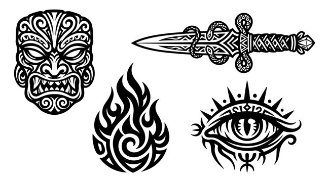 Tribal Tattoo Designs: Mask, Dagger, Fire, Evil Eye