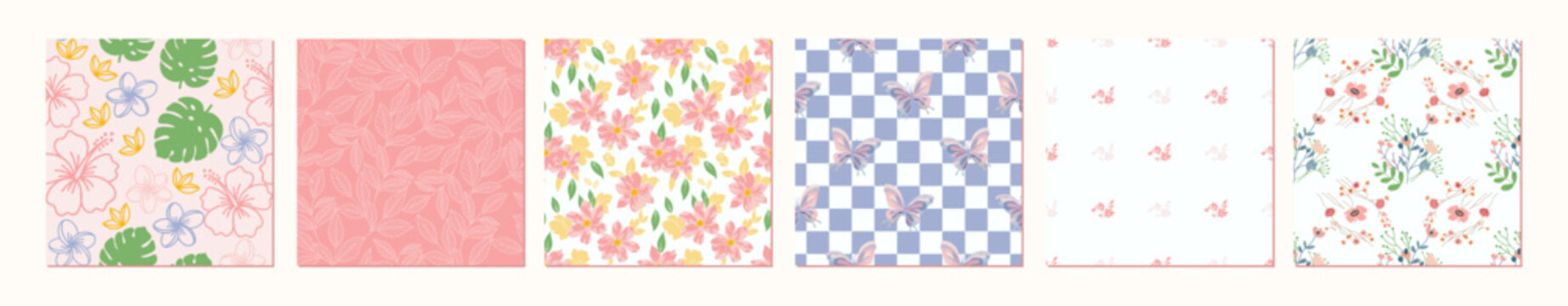 Pastel Seamless Pattern Collection with Floral, Butterfly and Tropical Leaf Designs