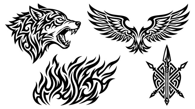 Tribal Tattoo Designs: Wolf, Phoenix Wings, Fire, Spear Emblem