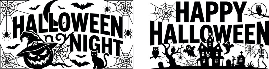 Big set of halloween silhouettes black icon and character. Design of witch, creepy and spooky elements for halloween decorations, sketch, icon. Halloween day greetings and decorations spooky night © Ragia