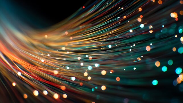 Close-up of colorful glowing fibre optics in motion, light trails blurring