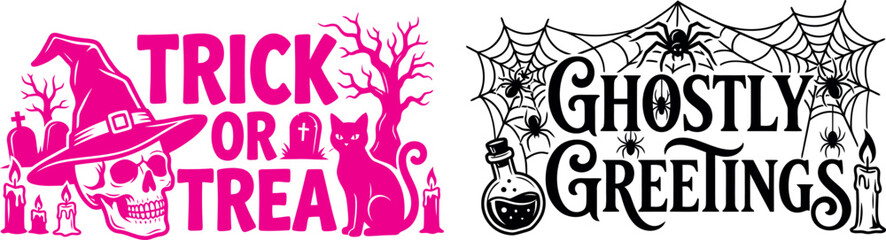 Halloween day vector designs 'trick or treat' 'ghostly greetings' typography. A Halloween themed frame with halloween pumpkins, bats and vines on a transparent background. © Ragia