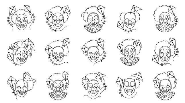 Minimalist Clown Faces Collection: Continuous Line Art, Abstract Circus Characters, Playful Joyful Expressions