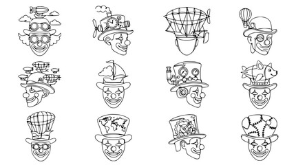 Obraz premium Steampunk Clown Heads Collection: Whimsical Characters with Unique Mechanical Hats