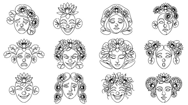 Diverse Emotions, Floral Headwear, Line Art Faces, Expressive Characters, Artistic Concept