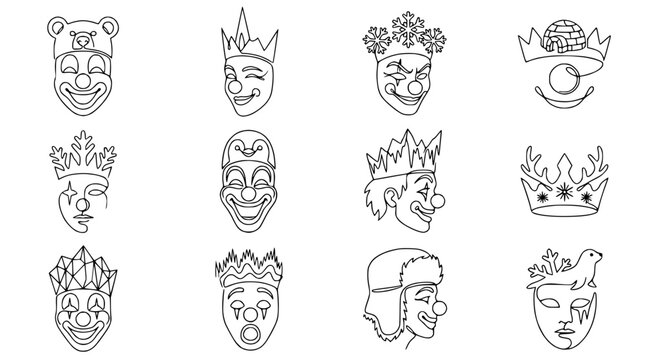 Collection of Abstract Clown Faces and Crowns in Continuous Line Art Style
