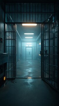 Dimly lit prison corridor with open cell doors and glowing overhead lights, creating a sense of confinement and unease