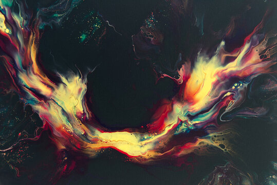 Abstract acrylic pour original artwork on canvas, showing bold flowing patterns of various bright colors juxtaposed on dark green background.