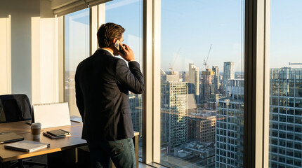 Obraz premium Businessman in suit jacket, with modern smartphone on call, standing and looking at skyscrapers, high rise office interior, executive business photography