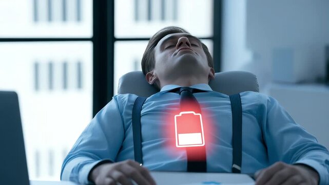Exhausted office worker with low battery energy concept, represents exhaustion, reduced productivity, and the need for rest and recharge.