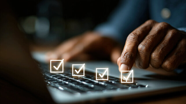 Digital checklist verification concept with professional reviewing tasks on laptop ensuring workflow accuracy quality control compliance management approval process and operational efficiency