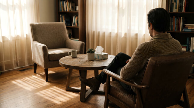 Mental health therapist from rear view, sitting in armchair facing empty seat across coffee table with tissues, cozy counseling office with bookshelves, psychology photography
