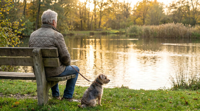 Elderly man in quilted jacket with small dog on leash, with golden sunset reflection on water, sitting on wooden park bench looking at a lake, scenic autumn park, lifestyle photography